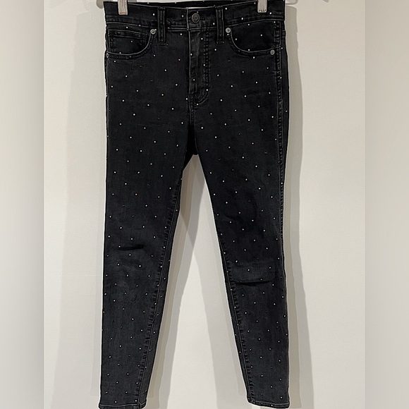 Women’s Madewell Size 25 10” High-Rise Skinny Washed Black Dotted Jeans Pants - Picture 1 of 13